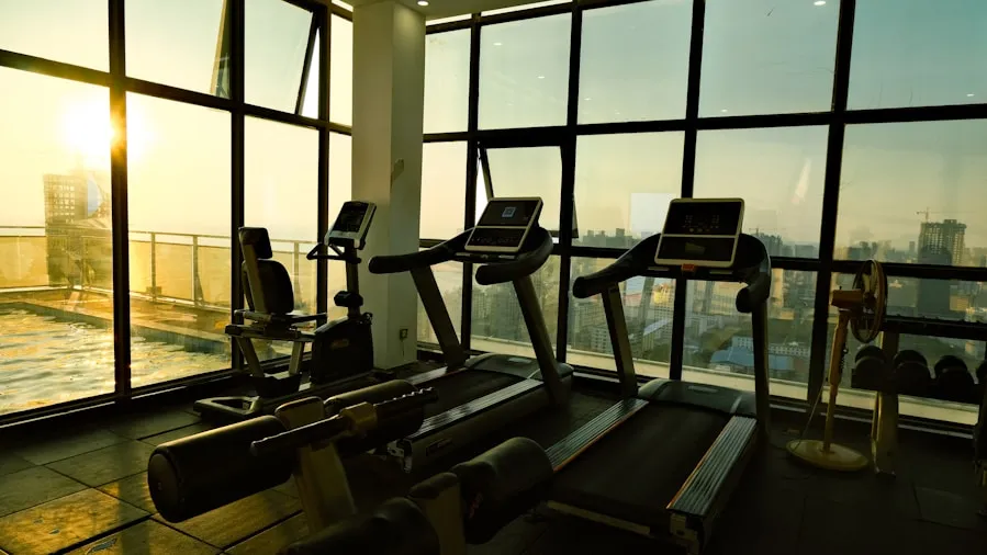 Treadmills with panoramic city view